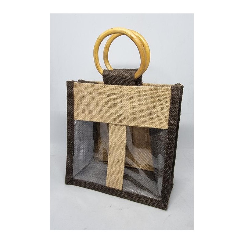 SAC JUTE Petit Format FENETRE + ANSE (Naturel/Marron foncé)