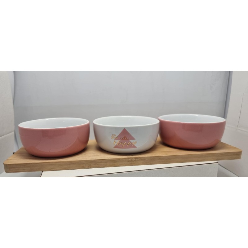 PLATEAU APERO "Be Happy" POT CERAMIQUE rose et blanc /bambou