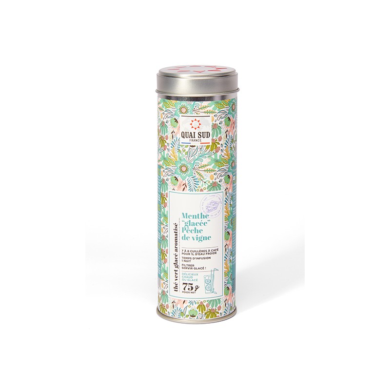 THE VERT Glacé MENTHE-PECHE DE VIGNE _ Boite Ronde 75gr QS